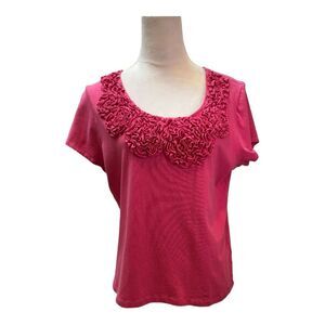 Ruby Road Pink With Ruffle Flower Front  Boho  T  Shirt  Blouse Size‎ L